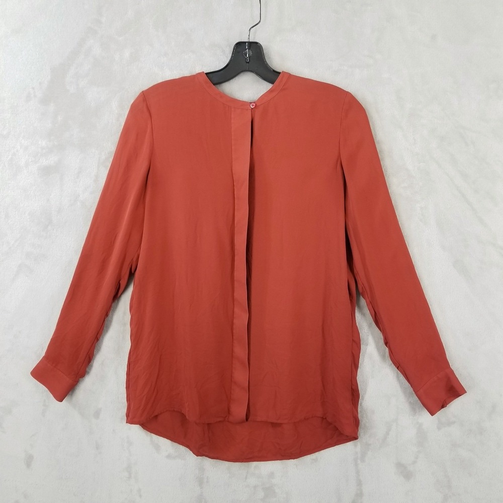 Vince Blouse Orange Silk Long Sleeve Hidden Button Front Tunic Top Womens Large